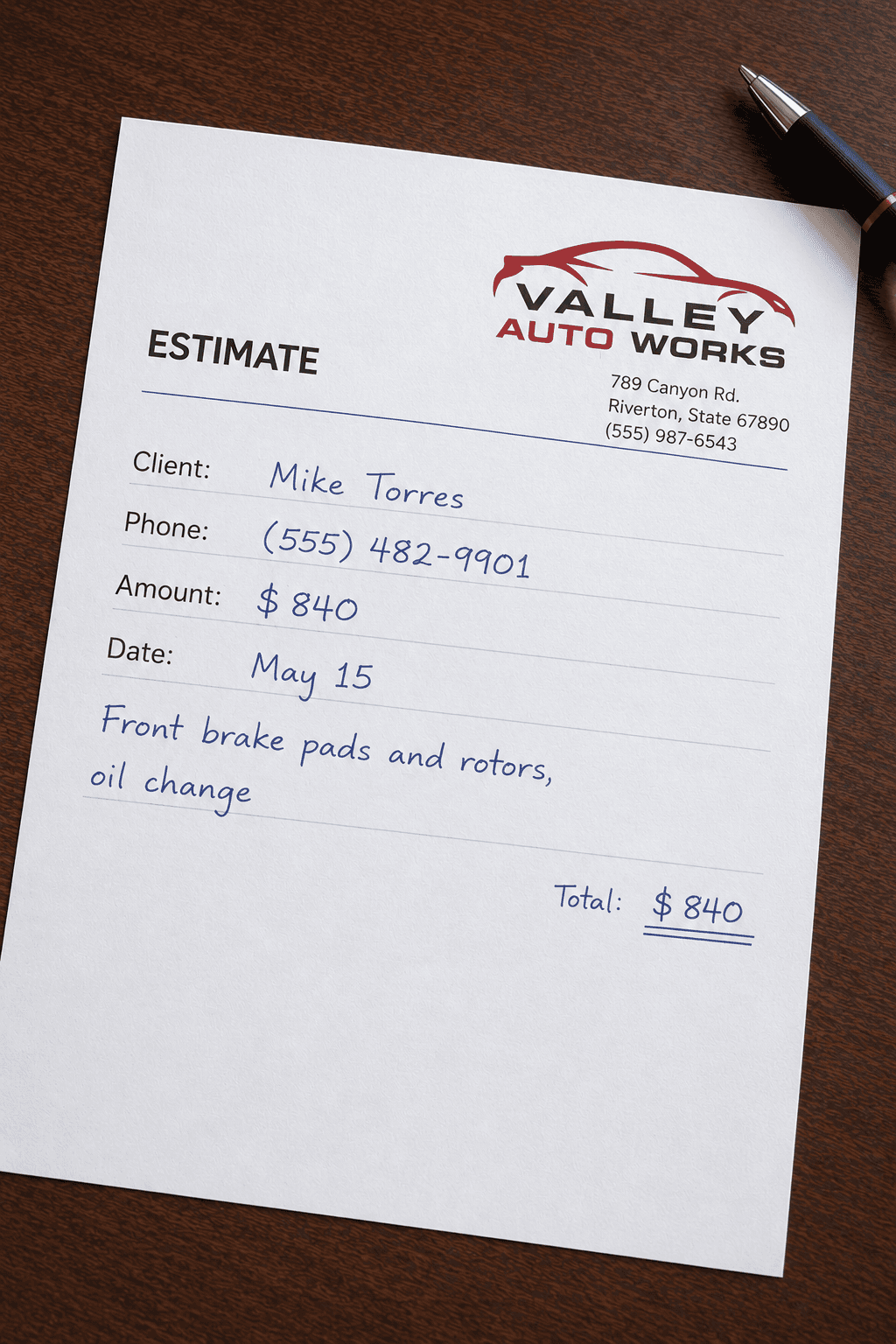 Sample auto repair estimate