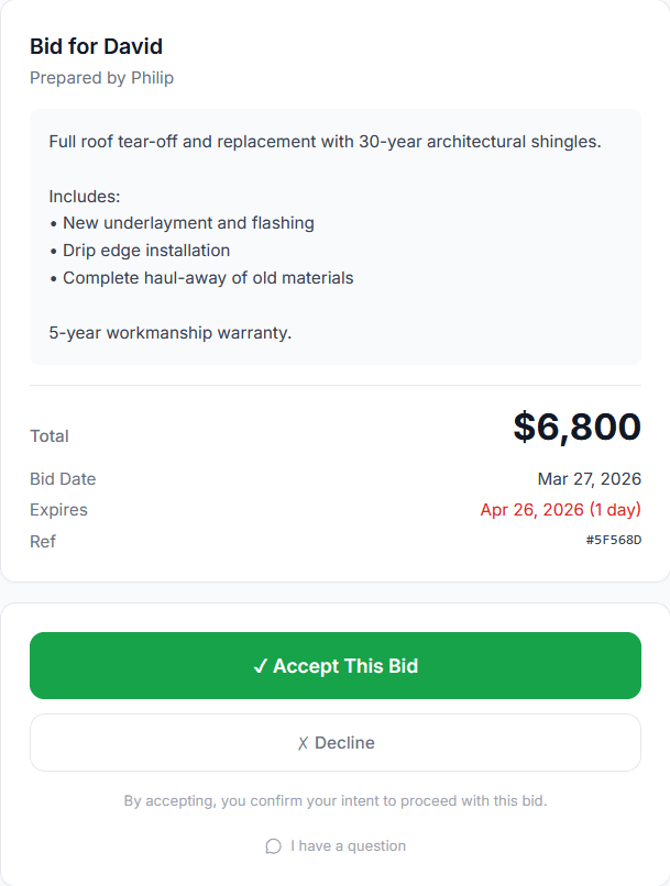 Client approval page showing a bid with Accept and Decline buttons